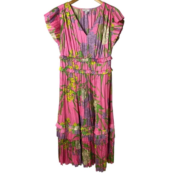 Current Air Botanical Motif Floral Pleated Midi Dress Pink Size Medium - Picture 2 of 8